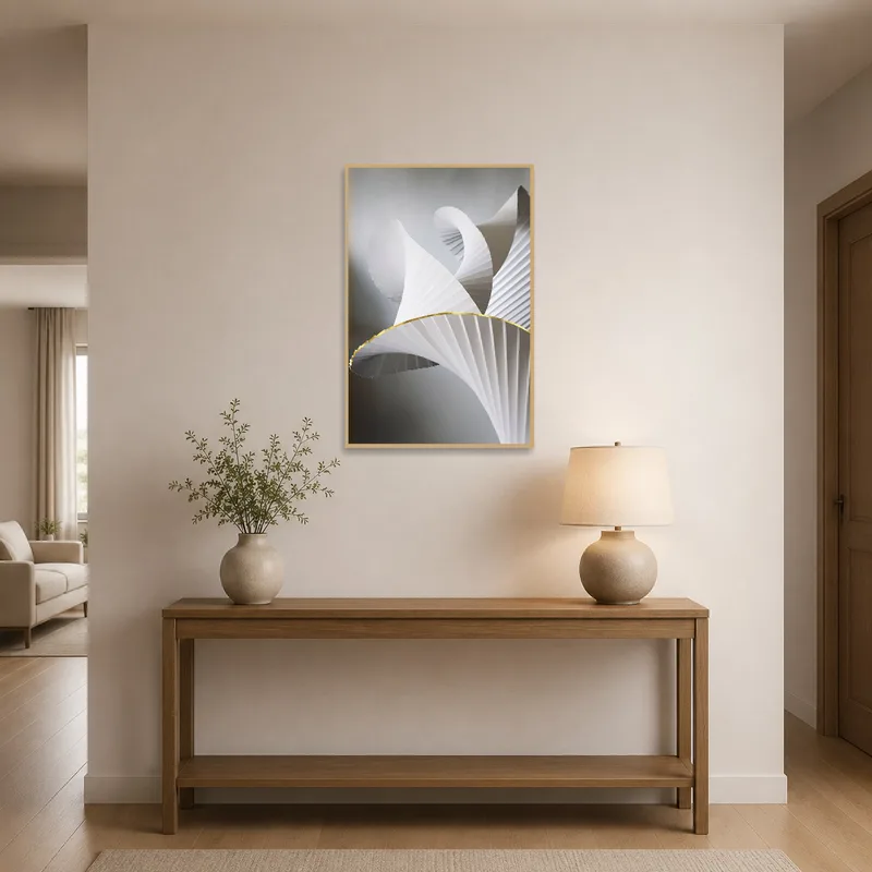 Graceful paper sculptures art print greeting guests in an entrance hall.