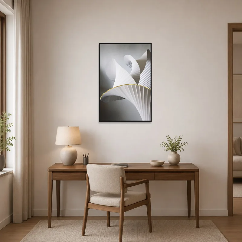 Refined abstract paper sculpture art print inspiring creativity in a home office.