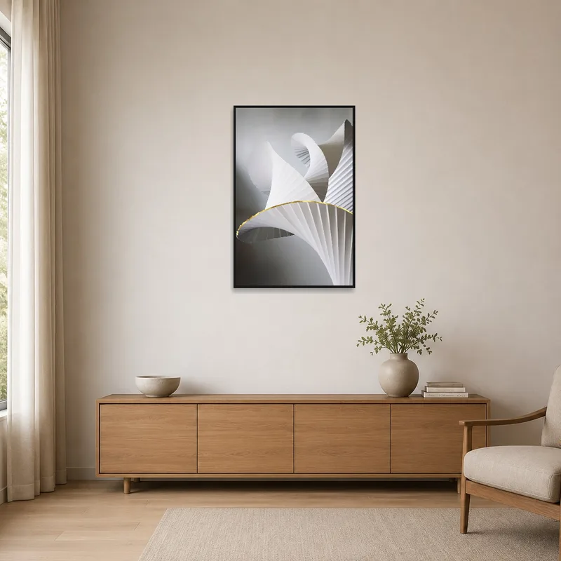 Sophisticated abstract sculpture art print in a crisp minimalist space.