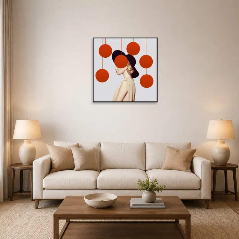 Elegant abstract portrait with red spheres above a modern living room sofa.