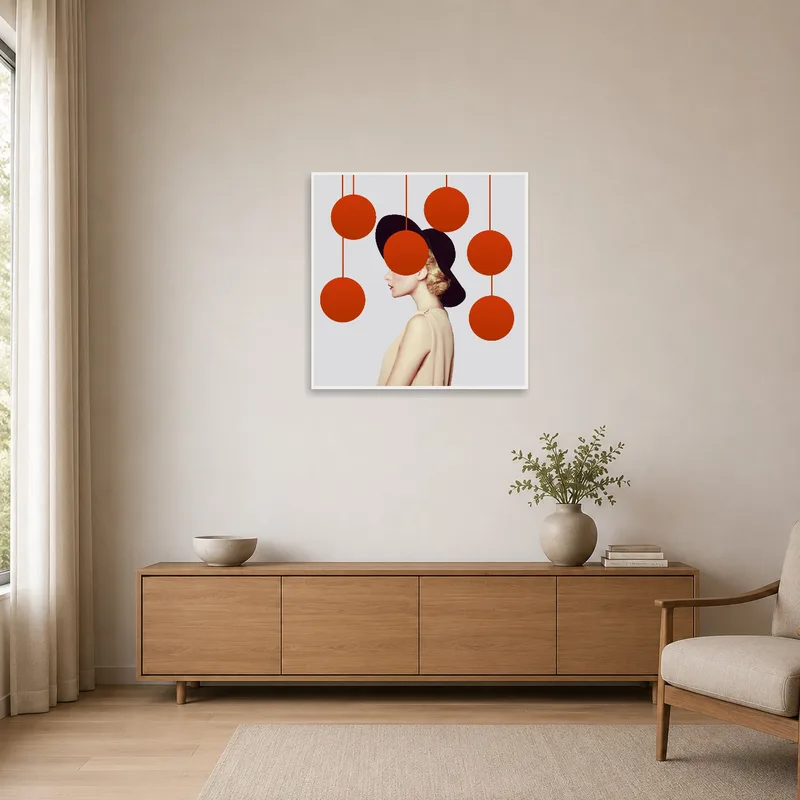 Abstract portrait with red spheres on a minimalist white wall.