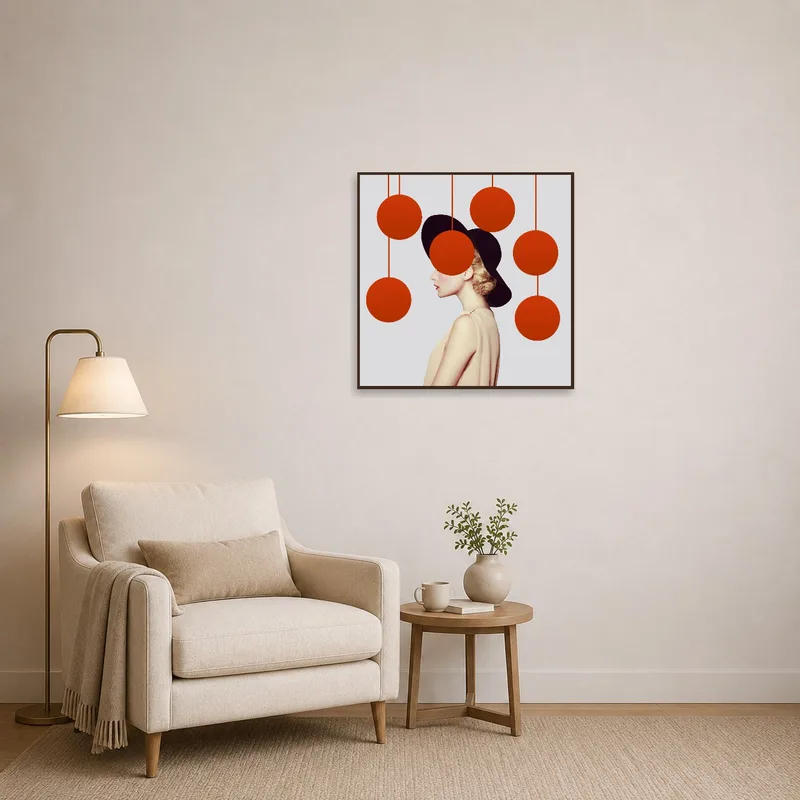 Abstract art with red spheres by a cozy reading corner.