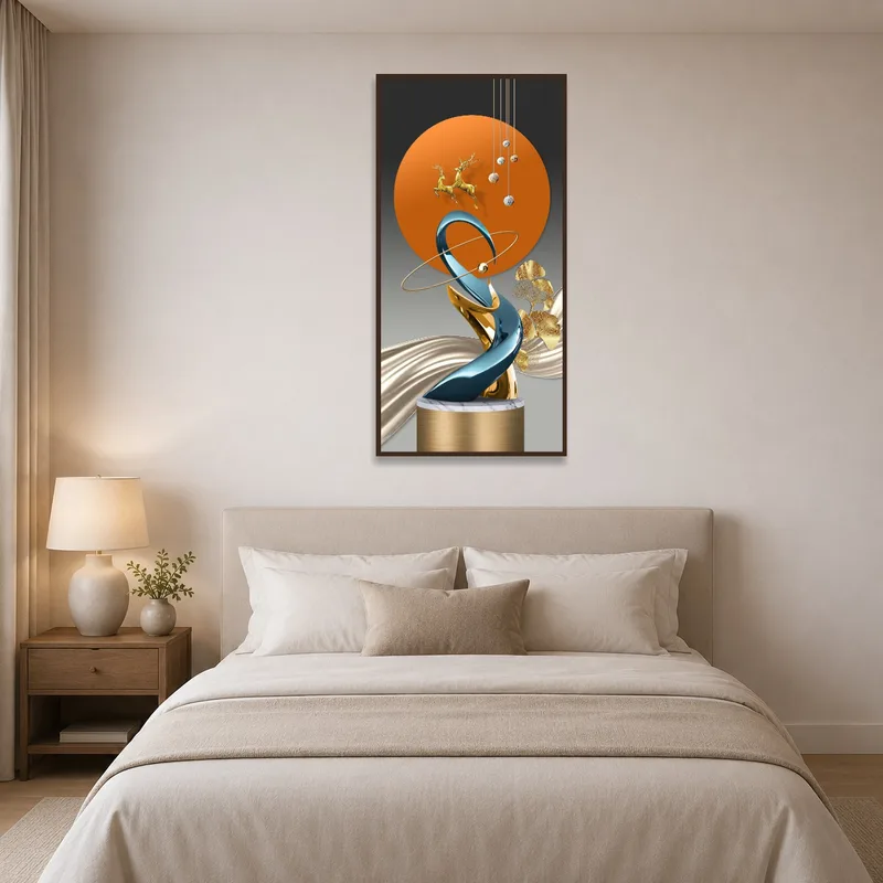 Sophisticated abstract sculpture with gold tones above a bed in a serene bedroom.