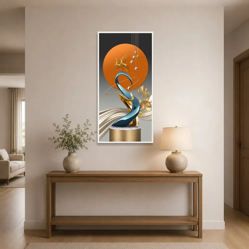 Elegant abstract sculpture with gold accents in a stylish entrance hallway.