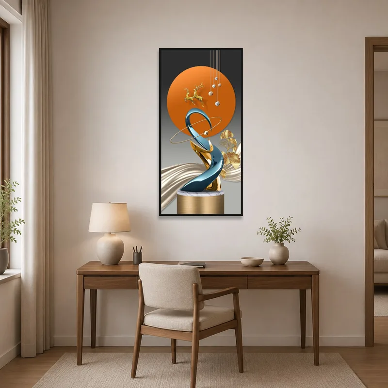 Abstract sculpture featuring gold accents in a tidy home-office setting.