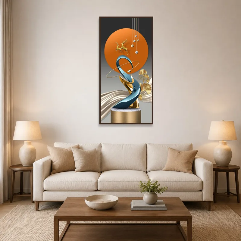 Abstract sculpture with gold accents on a living room wall above a modern sofa.