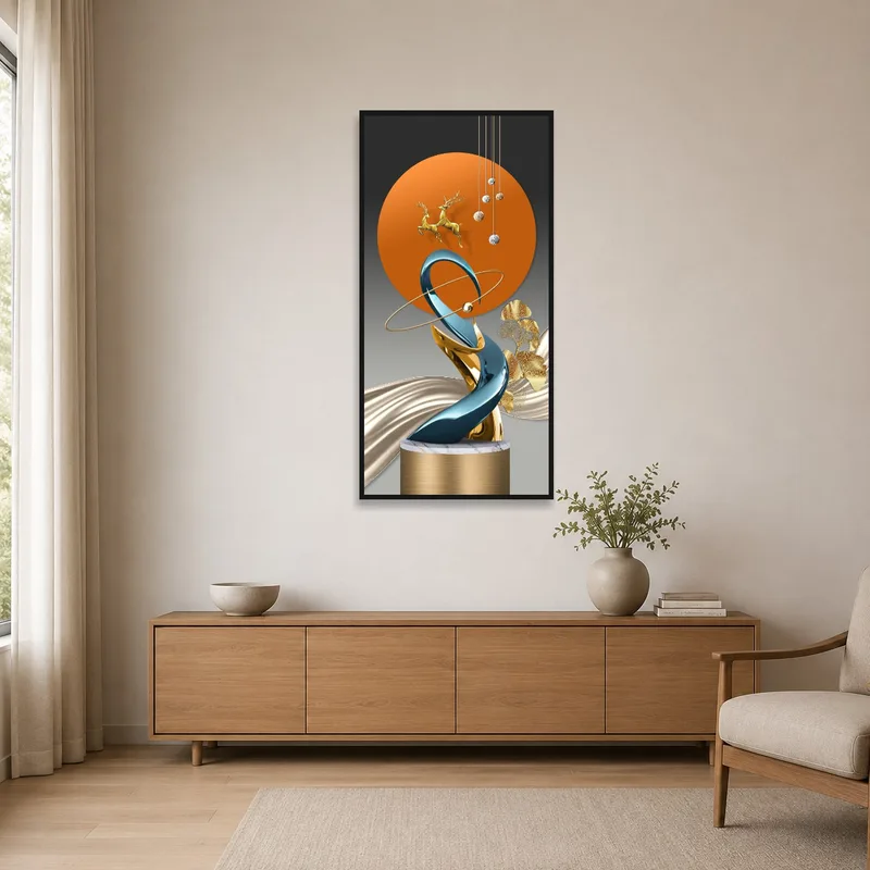 Gold-accented abstract sculpture in a minimalist room with sparse furniture.