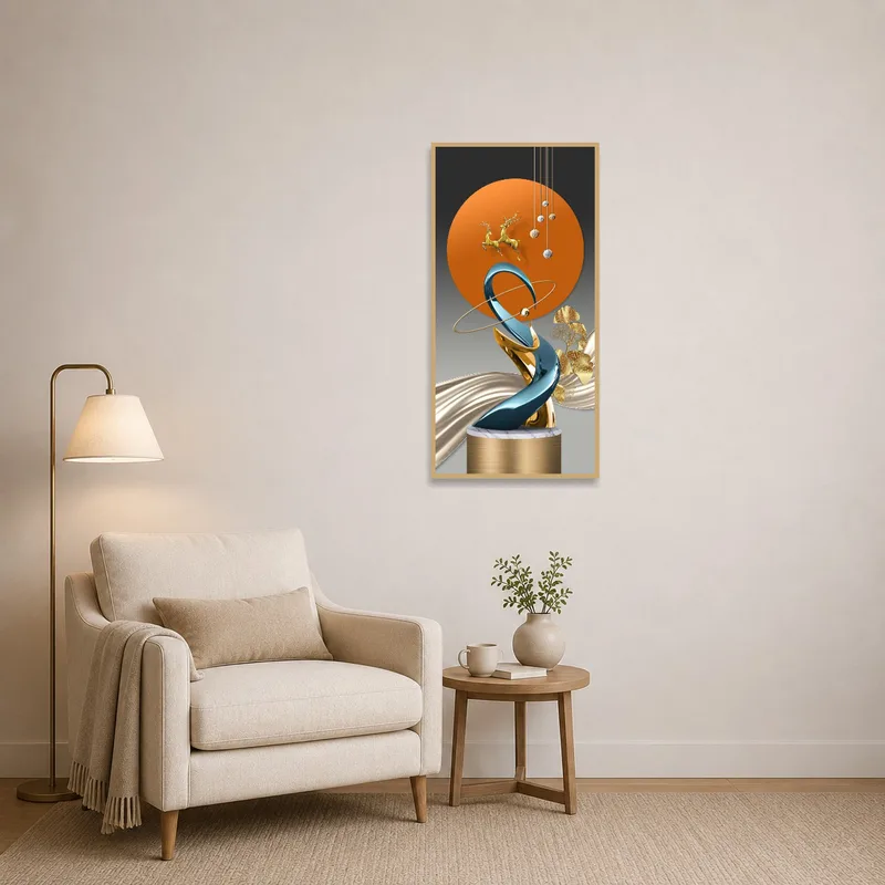 Gold-accented sculpture in a cozy reading corner with a comfy chair and lamp.