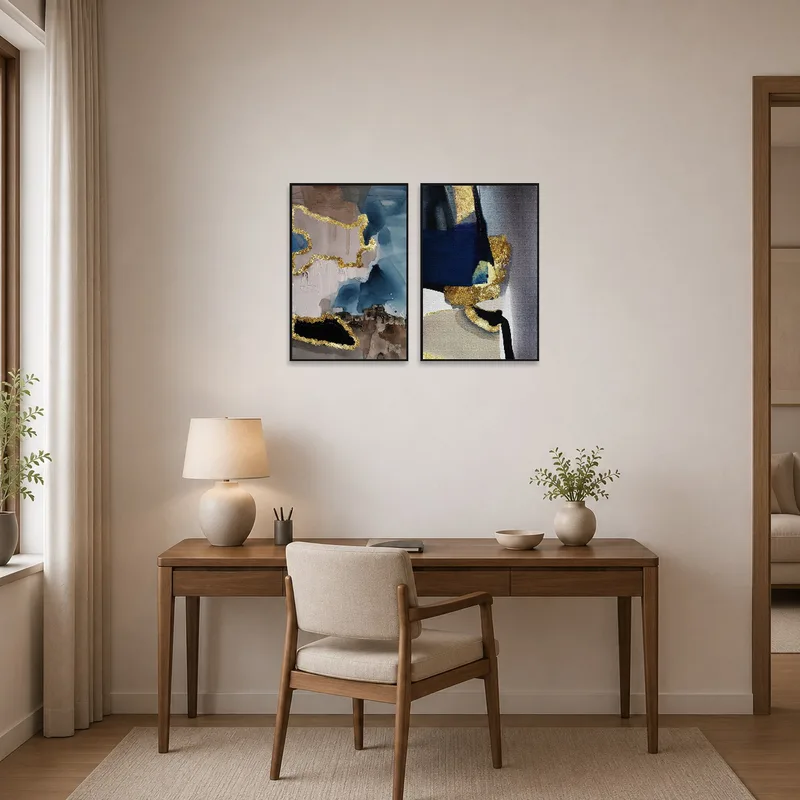 Abstract set with gold accents enhances the home office decor.