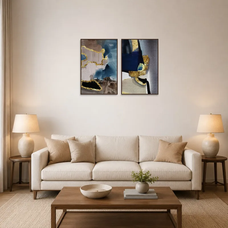 A stylish abstract set with gold accents on the living room wall.
