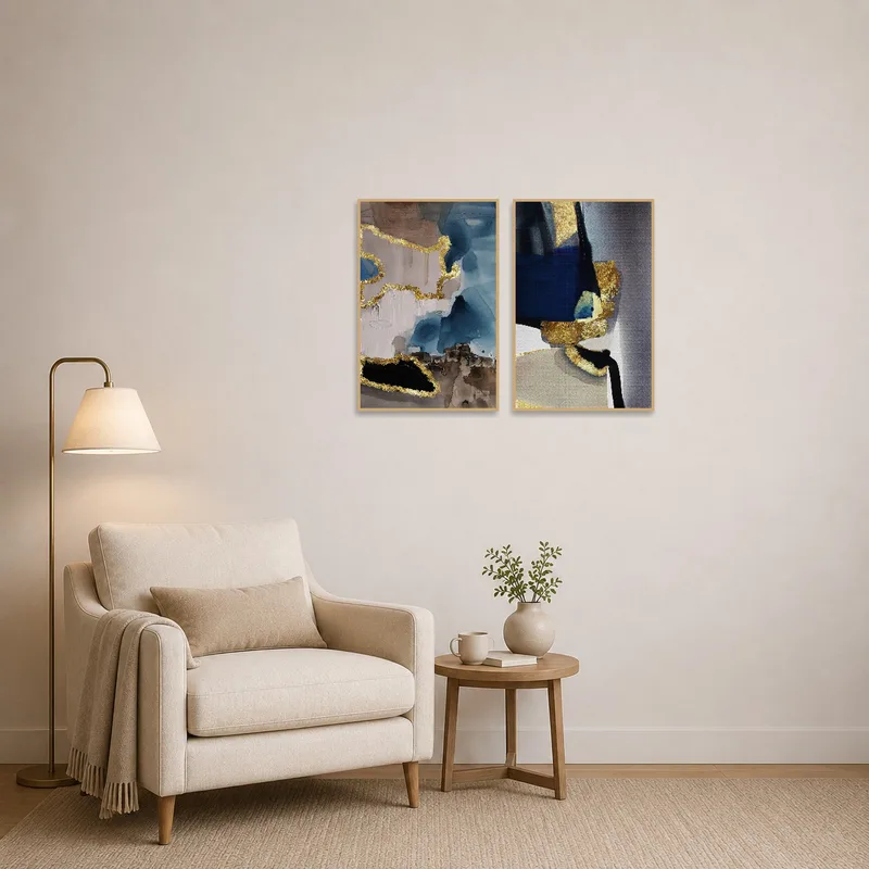 Elegant abstract set adding flair to a cozy reading corner.