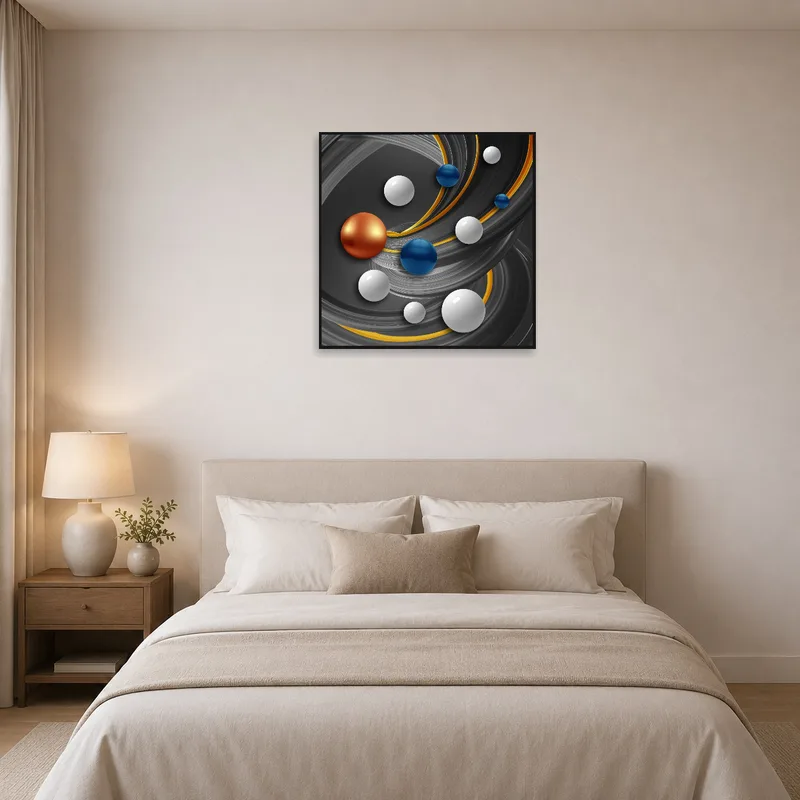 Abstract spheres artwork adding flair to a serene bedroom.