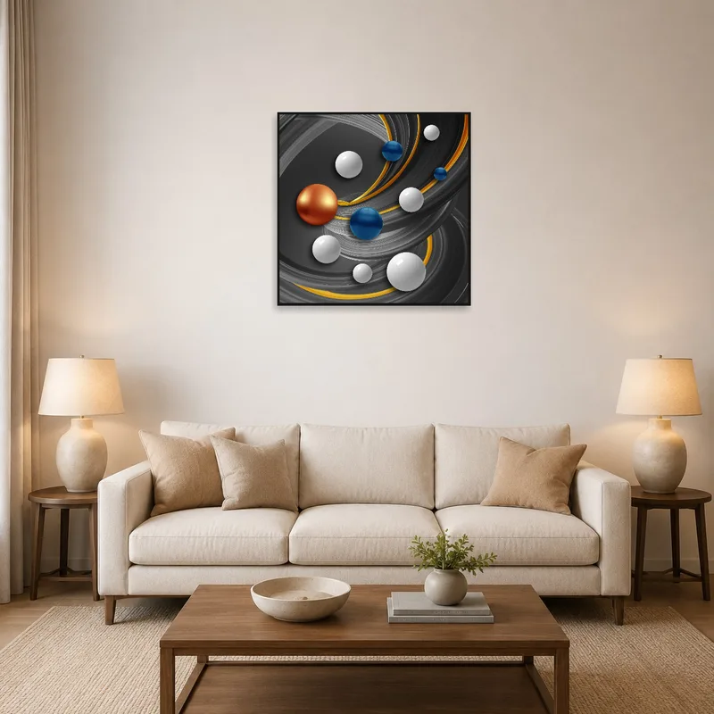 Abstract spheres on dark curves over a modern living room sofa.