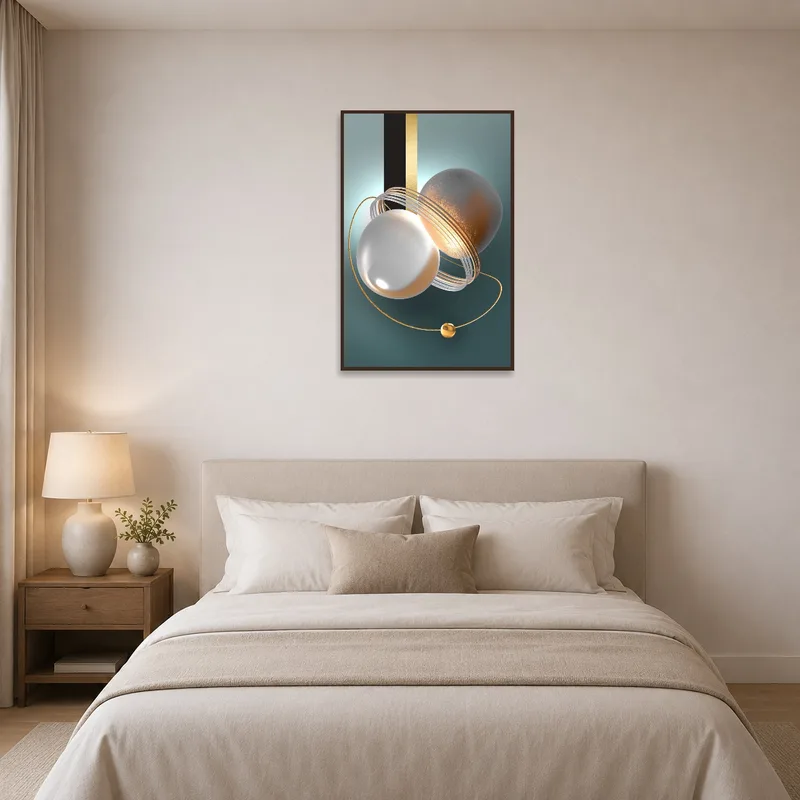 Gold-accented spheres art infusing luxury into a serene bedroom ambiance.