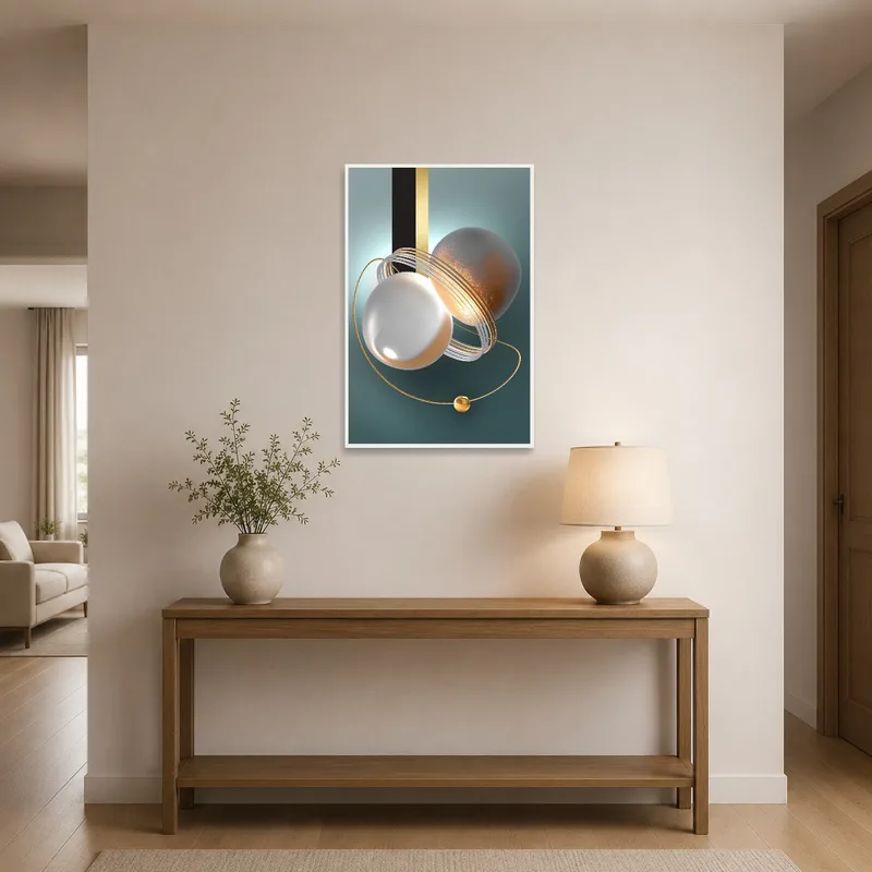 Sophisticated spheres art with gold hues welcoming guests in an entrance hall.