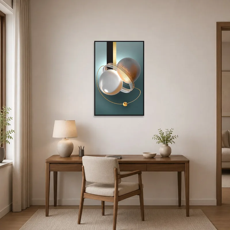 Stylish abstract spheres with gold touches inspiring creativity in a home office.