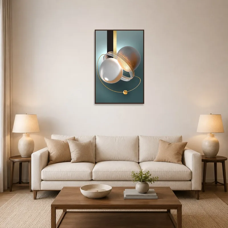 Abstract spheres artwork with gold accents on a living room wall above a modern sofa.