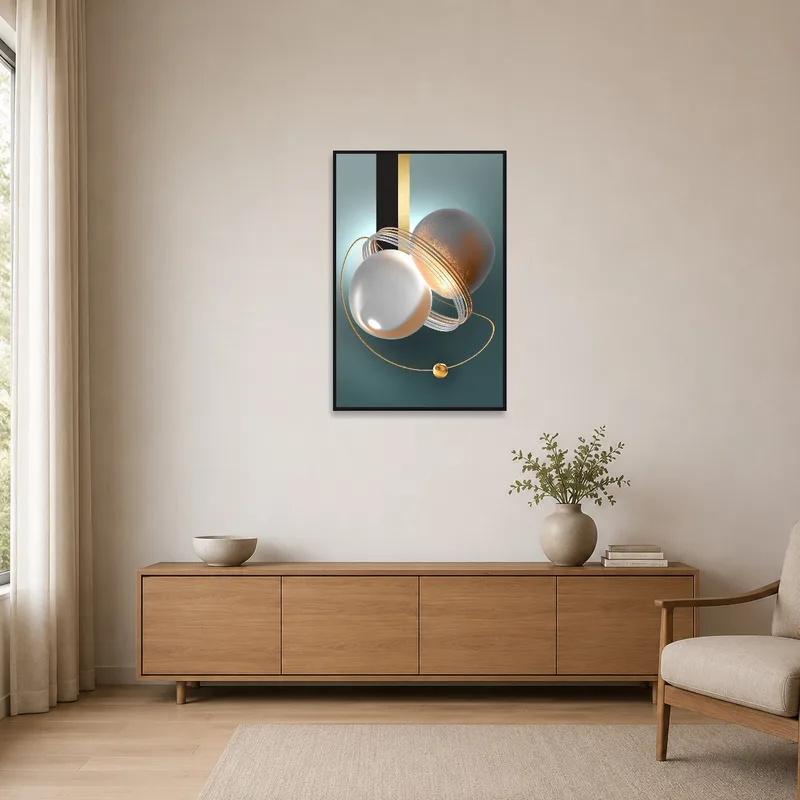 Elegant spheres with gold details in a minimalist room, enhancing clean lines and open space.