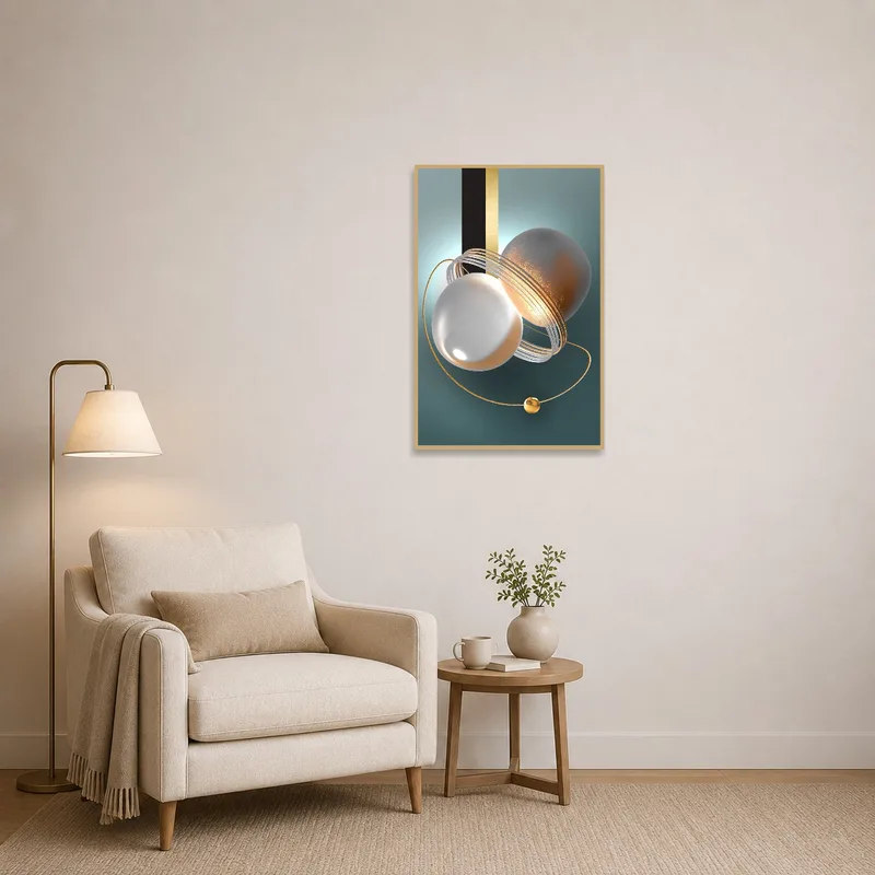 Abstract spheres piece with gold embellishments adding flair to a cozy reading corner.