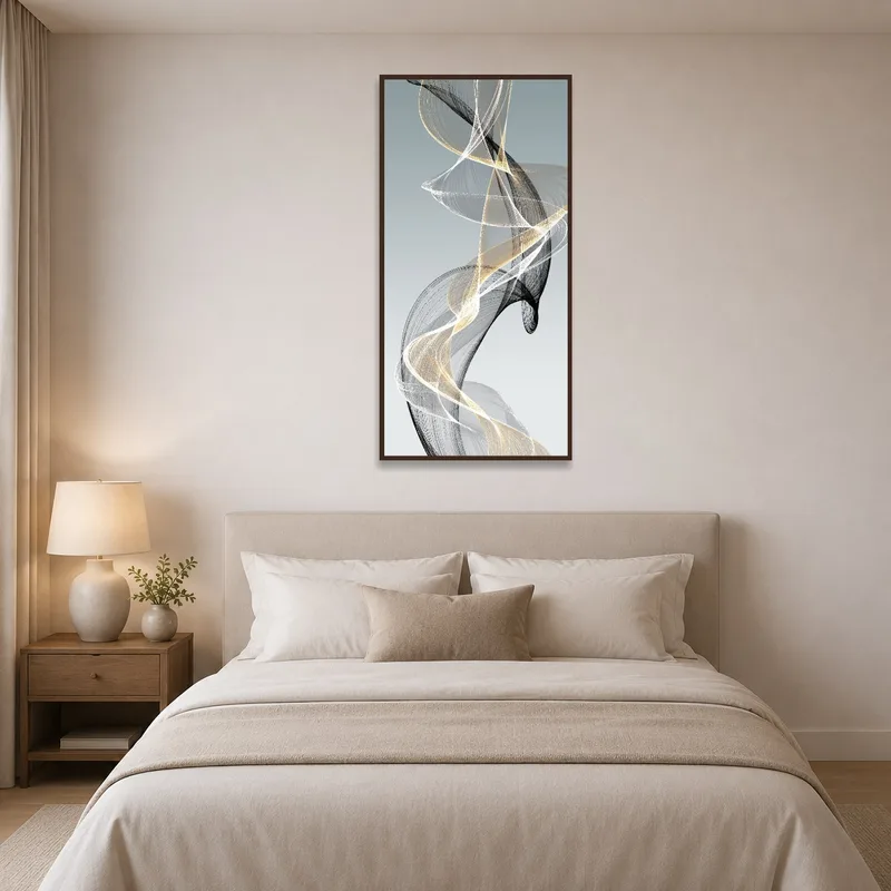 Neutral tones swirl artwork enhancing the tranquility of a calming bedroom setting.