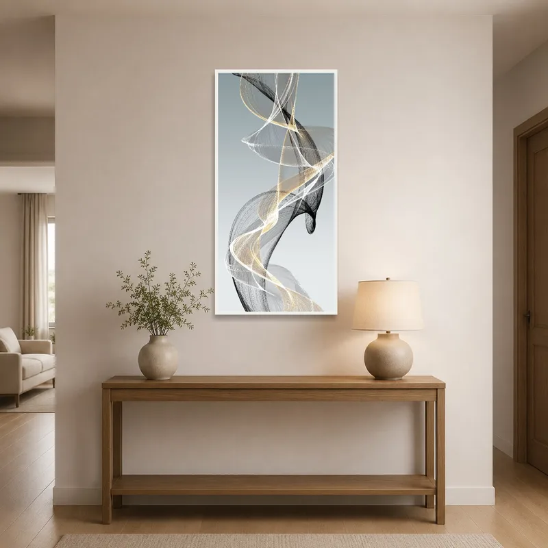 Sophisticated abstract swirl artwork greeting guests in a welcoming entrance hall.