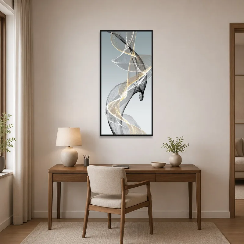 Elegant abstract swirl art subtly energizing a productive home office space.