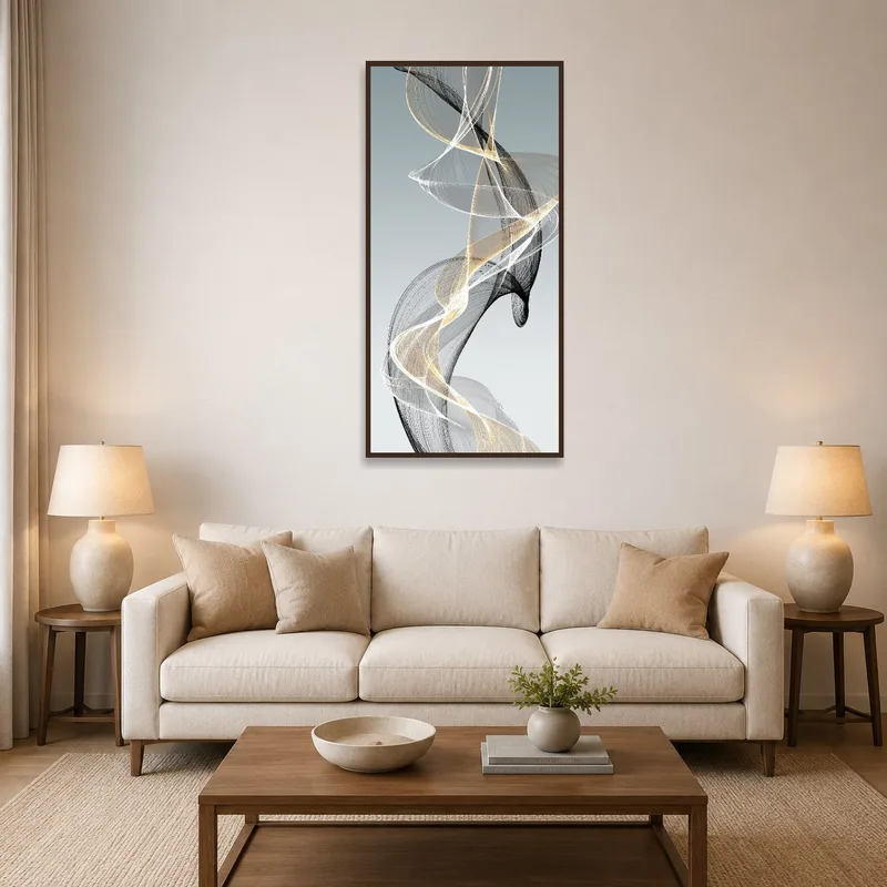 Neutral abstract swirl art piece above a contemporary sofa in a stylish living room.