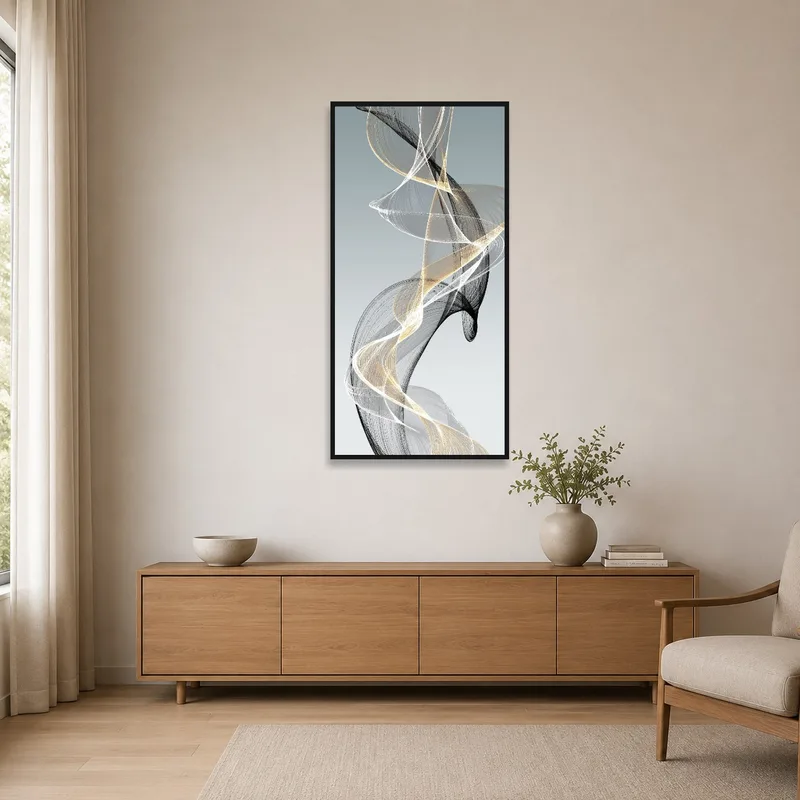 Elegant abstract swirl art on a bare wall in a minimalist room with subtle furnishings.