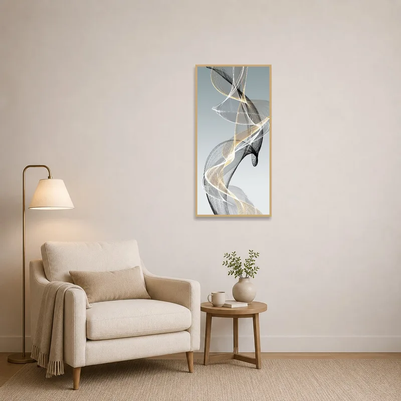 Abstract swirl piece adding interest to a cozy reading corner with a comfy chair.