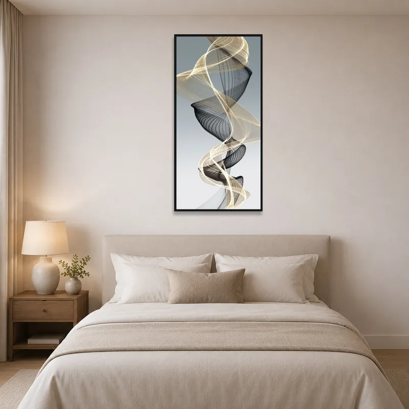 Sleek abstract lines art hanging in a serene bedroom.