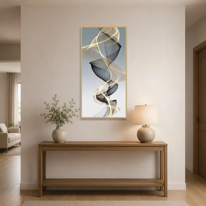 Elegant abstract art welcomes guests in the entrance hall.