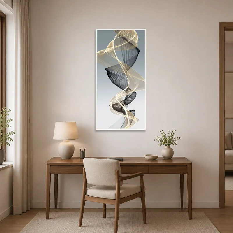 Swirling lines abstract art in a stylish home office.