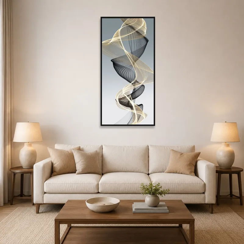 Abstract swirling lines art on a living room wall above a plush sofa.