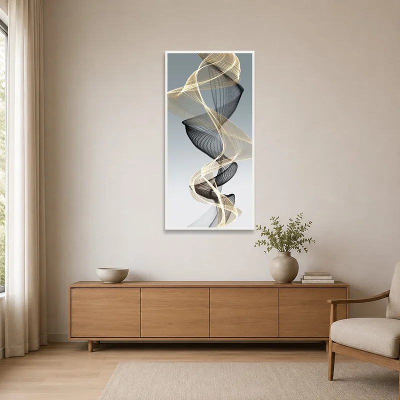 Swirling lines art adds flair to a minimalist room setting.