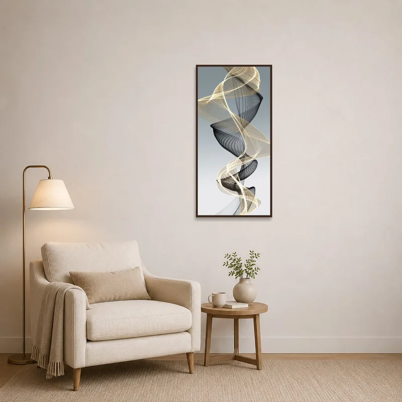Art print with swirling lines enhances the reading corner's ambience.
