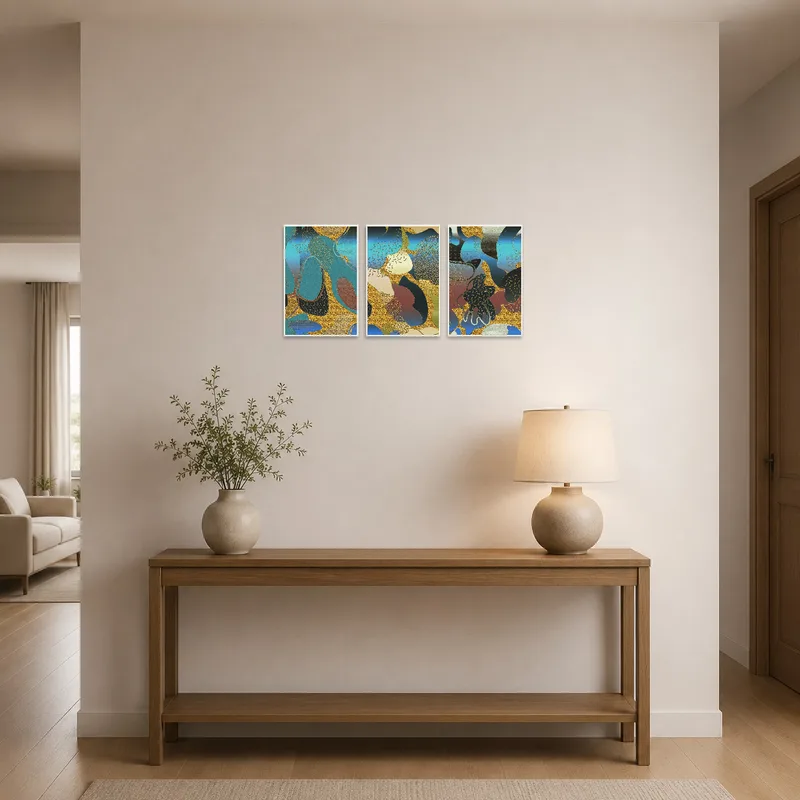 Abstract triptych welcoming guests in an elegant entrance hall.