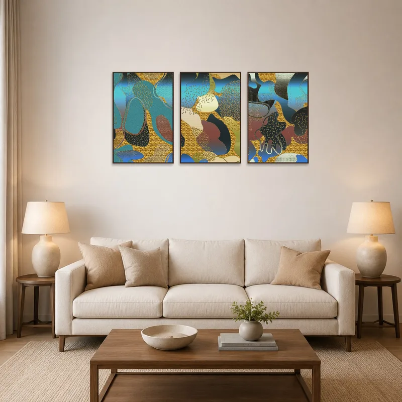 Triptych in blue and gold hues above a modern living room sofa.