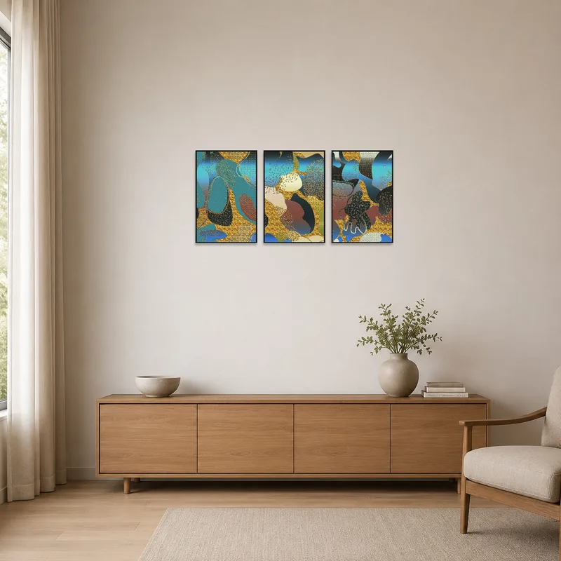 Blue and gold triptych adding color to a minimalist space.