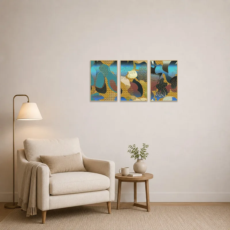 Reading corner adorned with blue and gold abstract triptych.