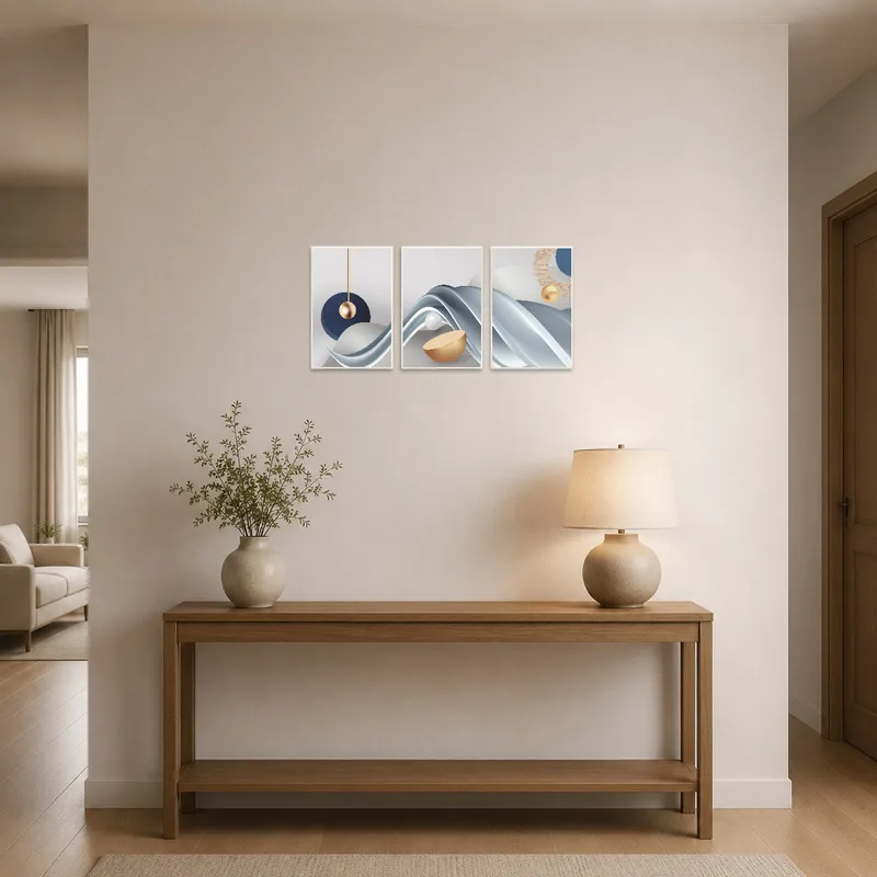 Entrance hall featuring abstract triptych with blue and gold hues, creating a welcoming ambiance.
