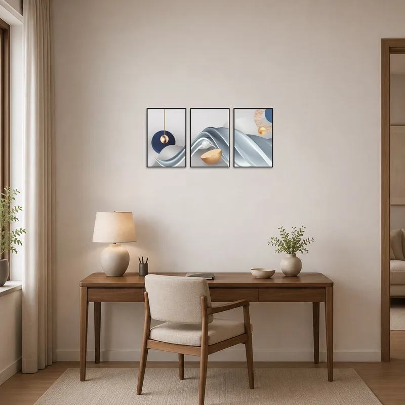 Home office adorned with abstract triptych in blue and gold, inspiring creativity and focus.