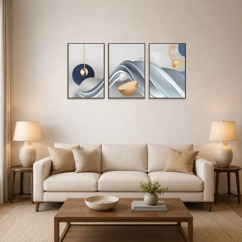Triptych of abstract art in blue and gold tones, adding elegance to the living room setting.