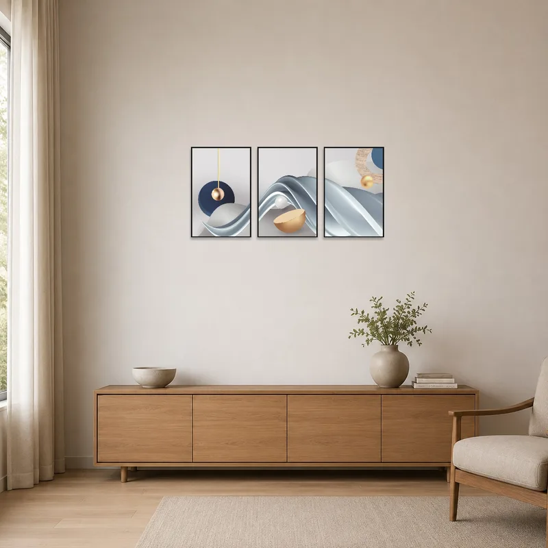 Minimalist room with abstract triptych in blue and gold, offering a touch of sophistication.