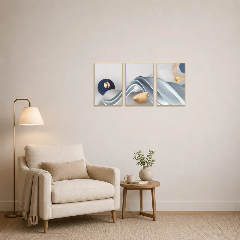 Reading corner adorned with a blue and gold abstract triptych, enhancing the cozy atmosphere.