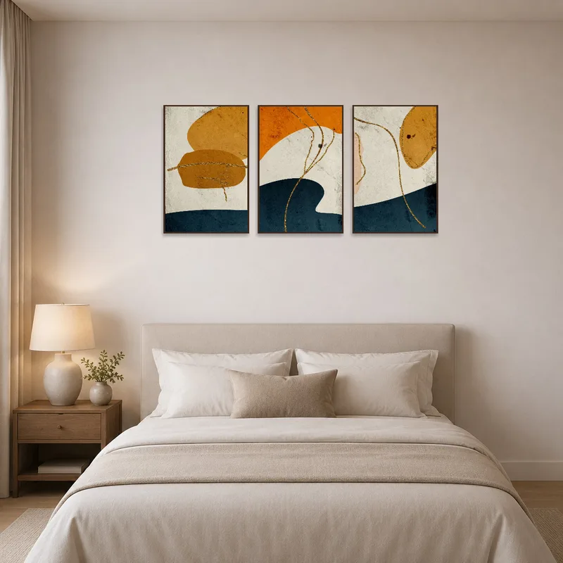 Earthy abstract triptych creating a calming atmosphere in the bedroom.