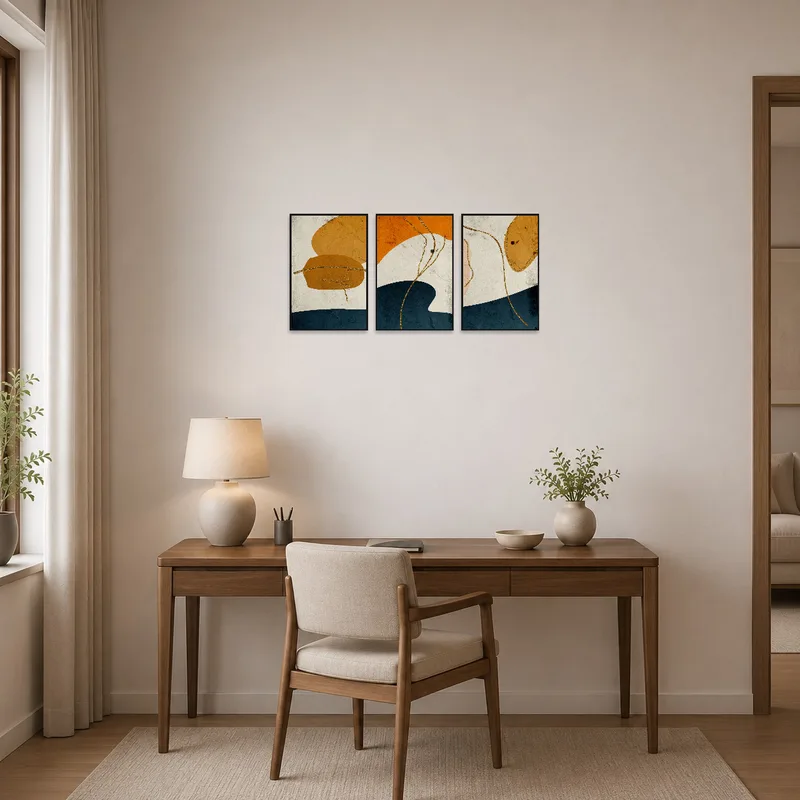 Sophisticated touch to the home office with an abstract triptych in earth tones.