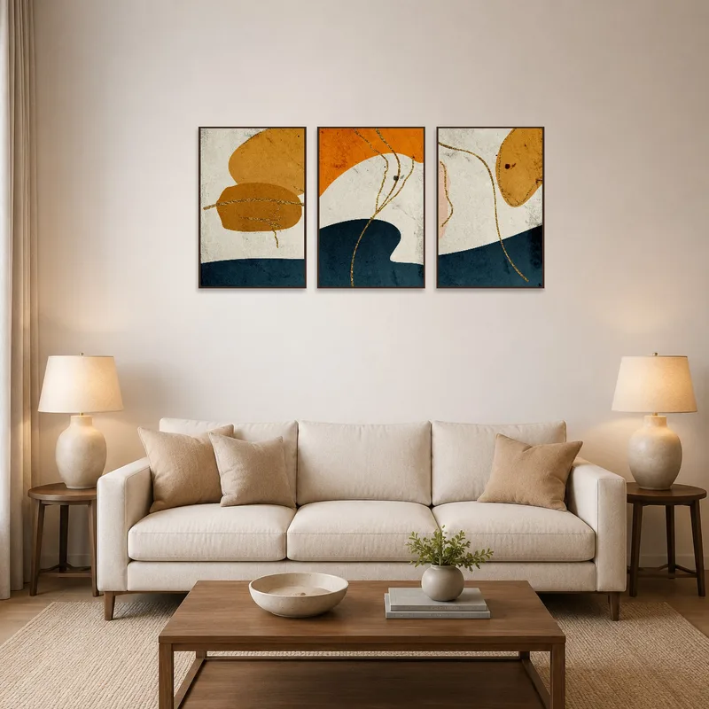 Earth-toned abstract triptych adding warmth above a cozy living room sofa.