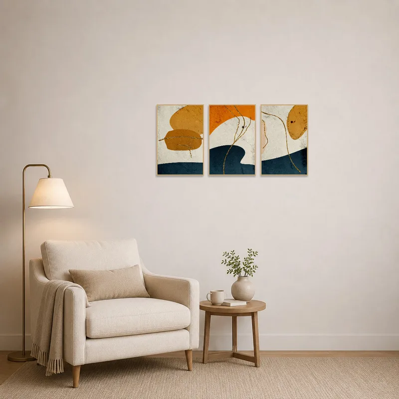 Relaxing reading corner accented by an elegant earth-toned abstract triptych.
