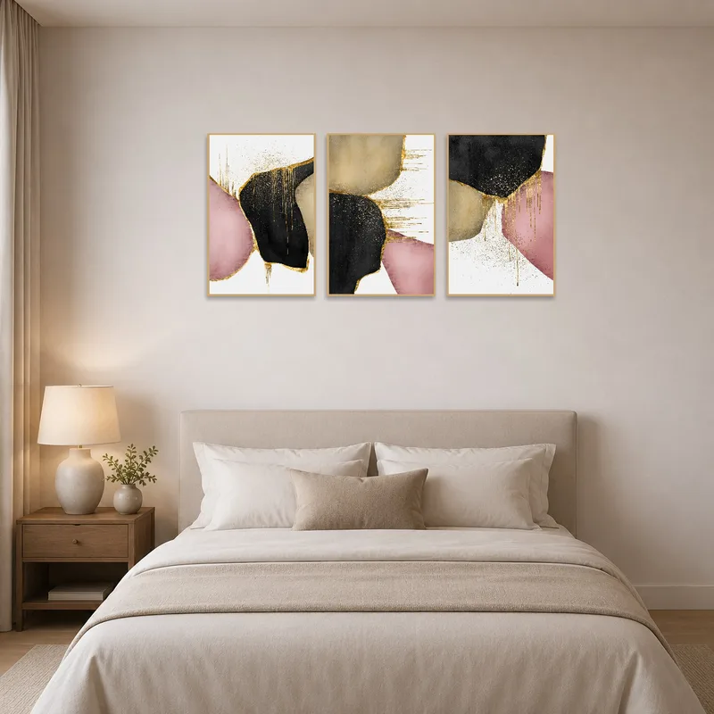 Elegant triptych complements a serene bedroom ambiance.