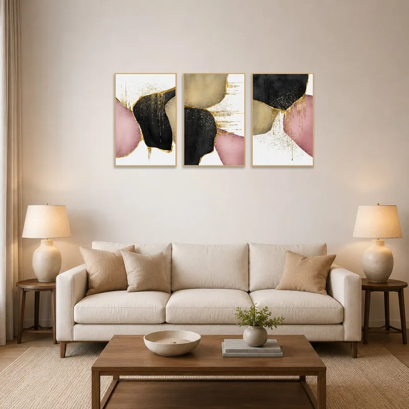 Abstract triptych in gold and pastel graces a modern living room wall.